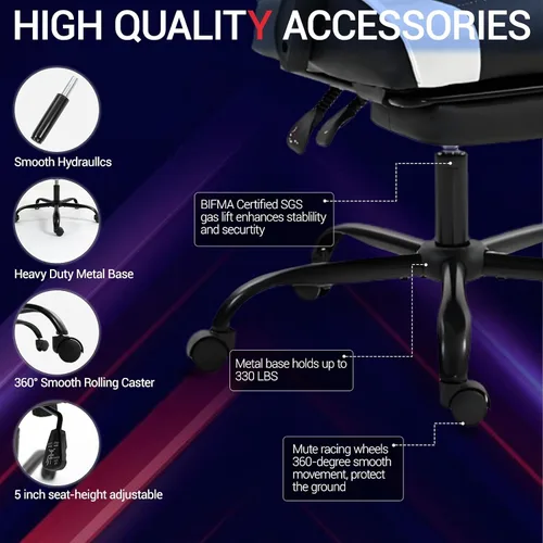 Miniatura 8 de Silla de juegos con reposapiés para adultos, silla de videojuegos de piel sintética con soporte lumbar de masaje para hombres y mujeres, silla