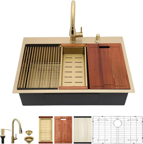 Miniatura 24 de Lordear - Fregadero de barra – Fregadero de barra dorado de 13 x 15 pulgadas con grifo dispensador de jabón, estación de trabajo, calibre 16 T304