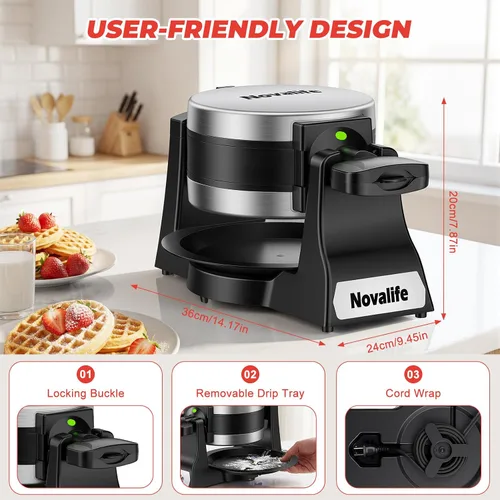 Miniatura 8 de Waffle Maker, 1400W Belgian Waffle Maker, Double Waffle Iron 180° Flip, 8 Slices, Rotating & Nonstick Plates, Removable Drip Tray Easy to Clean