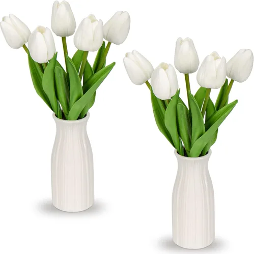Miniatura 10 de Briful Paquete de 2 tulipanes artificiales de flores sintéticas con jarrón de cerámica, tulipanes morados de espuma de polietileno, arreglo floral