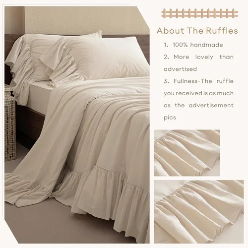 Miniatura 3 de QSH Juego de sábanas de algodón 100% Queen, sábanas con volantes de trigo para granja, ropa de cama vintage chic shabby 3 piezas, juego de cama