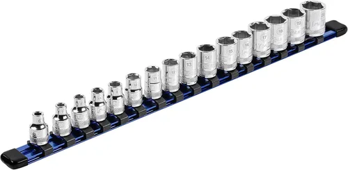 ARES 60043 - Organizador de aluminio para dados de 3/8 de pulgada, color azul, para almacenar hasta 16 dados y tener tu caja de herramientas