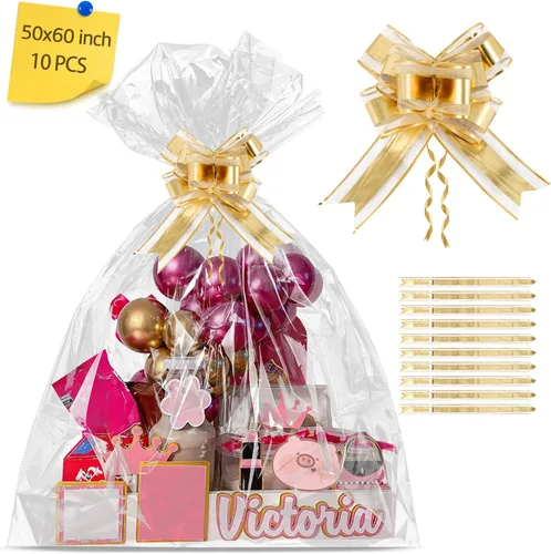 Miniatura 25 de 100 bolsas de celofán, bolsas de celofán transparente de 4 x 6 pulgadas, 100 lazos dorados, para galletas, chocolate, panadería, recuerdos