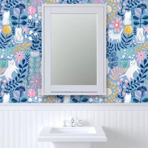 Miniatura 9 de Spoonflower Papel tapiz para despegar y pegar, papel tapiz extraíble personalizado de gatos de primavera con diseño de gatos florales