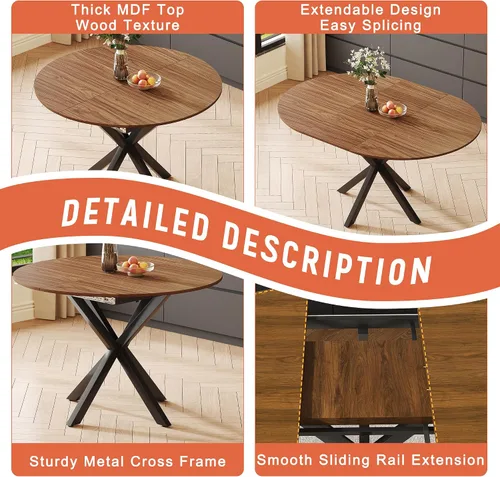 Miniatura 5 de Juego de mesa de comedor redonda para 4, juego de mesa de comedor extensible de 43-59 pulgadas, mesa de grano de madera de nogal y 4 sillas
