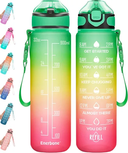 Enerbone Botella de agua de 32 onzas con horas para beber y popote, motivacional con correa para llevar, a prueba de fugas, sin BPA ni tóxicos,