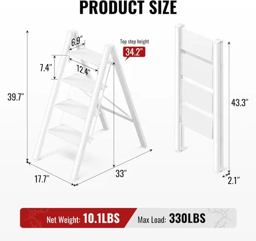 Miniatura 6 de Escalera de 4 escalones, taburete plegable de aluminio con pedal antideslizante resistente y ancho, escalera portátil ligera para uso en el hogar