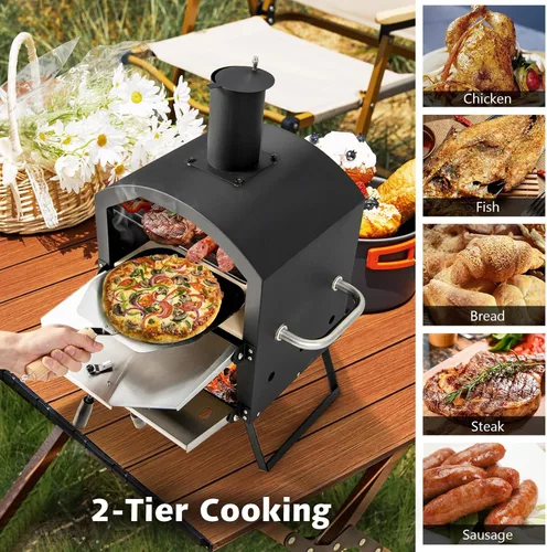 Miniatura 5 de COSTWAY Horno de Pizza de Picnic para Exteriores, Piedra de Fuego de Leña con Pala, Cubierta Impermeable, Patas Plegables, Fabricador de Pizza