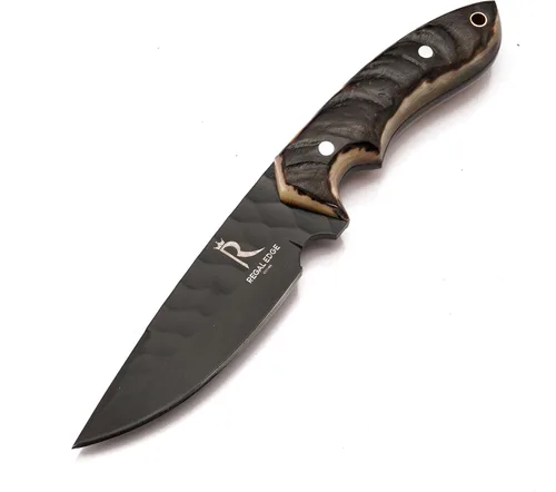 Miniatura 7 de Cuchillo de hoja fija – Cuchillo de caza de 9" recubierto en negro con punta de gota con funda de cuero - Espiga completa de acero al carbono