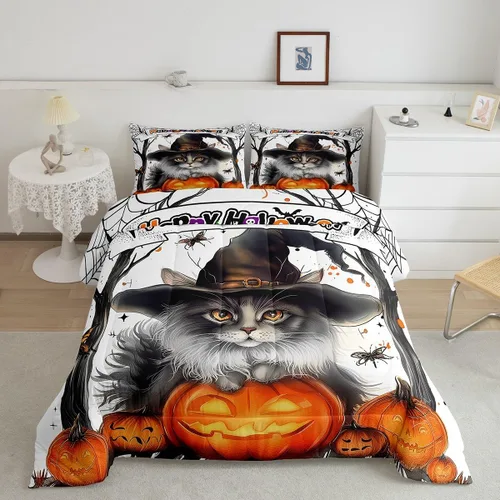 Miniatura 9 de Juego de ropa de cama con diseño de araña fantasma, tamaño individual, para niños y niñas, con temática de truco o trato, juego de edredón de feliz