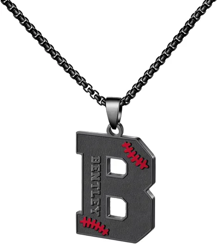 Miniatura 81 de Ldurian Collar personalizado con nombre de béisbol, cadena negra de acero inoxidable, collar con nombre deportivo, letra A-Z de 24 pulgadas, regalos