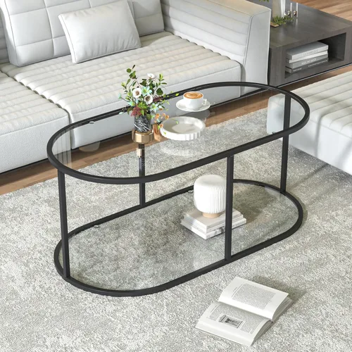 Miniatura 10 de Mesa de centro de cristal dorado Mesas de centro para sala de estar, Mesa ovalada Mesa central con marco de metal resistente, Mesas decorativas