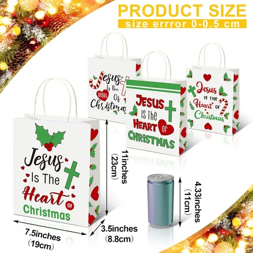 Miniatura 2 de Zhanmai 24 bolsas de regalo de Navidad con asas a granel, cristiano Jesús es el corazón de Navidad, bolsas con corazón, hoja de flor de pascua
