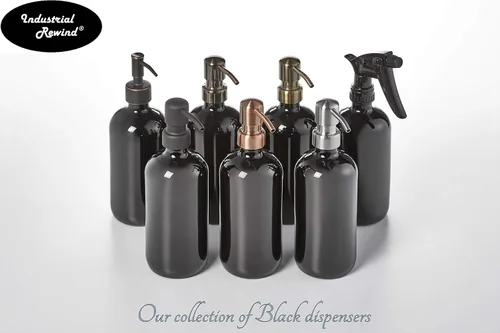 Miniatura 7 de Dispensador de jabón negro con bomba de metal y posavasos para parte inferior antideslizante, botella de vidrio de 16 onzas para jabón líquido