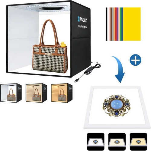 PULUZ Caja de luz para fotografía, tienda de campaña profesional regulable de 16 x 16 pulgadas + lámpara LED de 15 x 15 pulgadas para fotografía