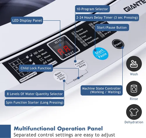 Miniatura 4 de RELAX4LIFE Lavadora completamente automática, lavadora compacta de 12 libras de capacidad con 10 programas, 8 niveles de agua, pantalla LED y bomba