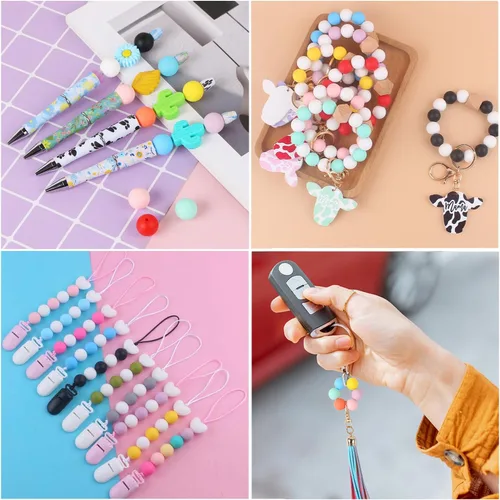 Miniatura 5 de EVERMARKET - 110 cuentas focales de silicona, cuentas de silicona de 0.59 pulgadas para hacer llaveros, cuentas redondas de silicona a granel