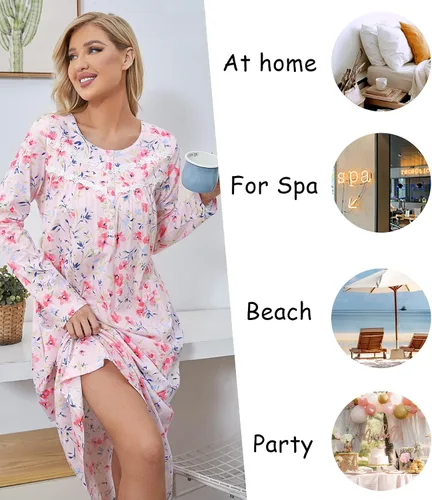 Miniatura 4 de IZZY + TOBY Camisones de algodón de manga larga para mujer, camisón de algodón suave para mujer, camisón largo para dormir