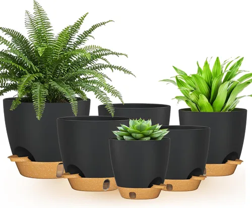 8/7/6.5/6/5.5/5 Inch Self Watering Pots for Indoor Outdoor Plants, Set of 6 Large Plastic Planters with Visual Water Window, Drainage Holes &