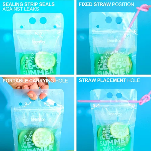 Miniatura 6 de Teenitor 100 bolsas de bebida con pajitas, bolsas de bebidas para jugos para adultos, bolsas de bebida reutilizables para licuados de jugos, bolsas