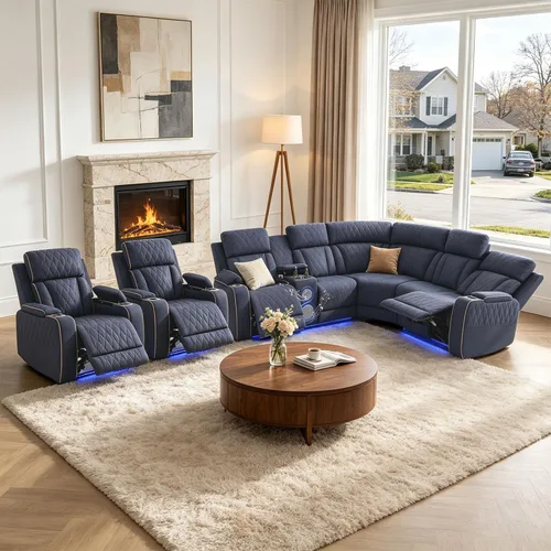 Miniatura 40 de Juego de sofá modular reclinable eléctrico para sala de estar, juego de sofá reclinable de cuero con luces LED / almacenamiento oculto, sofá