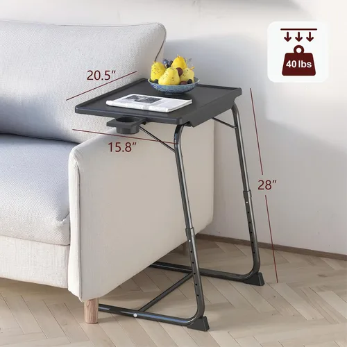 Miniatura 2 de Mesa con bandeja de TV, mesa de comedor ajustable para comer en el sofá con soporte para tazas, escritorio plegable con 6 ajustes de altura y 3
