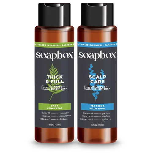 Soapbox Paquete variado de champú y acondicionador 2 en 1 para hombre, 1 cuidado del cuero cabelludo y 1 grueso y completo, ingredientes limpios