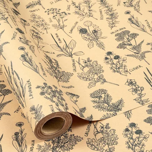 RUSPEPA Rollo de papel kraft vintage de flores silvestres, mini rollo, diseño de boceto etiquetado con hierbas botánicas negras, envoltura de regalo