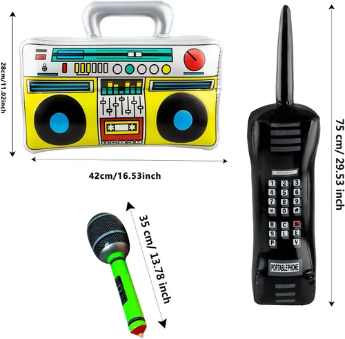 Miniatura 2 de Paquete de 6 micrófonos inflables de radio Boombox para teléfonos móviles inflables para decoraciones de fiesta de los años 80 y 90, temática de hip