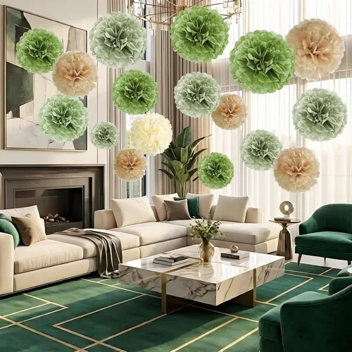 Miniatura 4 de Pompones de Papel de Seda Verde Oliva Salvia Decoraciones de Fiesta Safari Selva Flores de Papel Decoraciones Verde Natural Boho Decoración Colgante