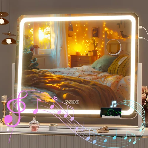 Hasipu Espejo de tocador con luces y altavoz Bluetooth, espejo LED de maquillaje de 23.6 x 19.7 pulgadas, espejo iluminado con aumento de 10X,
