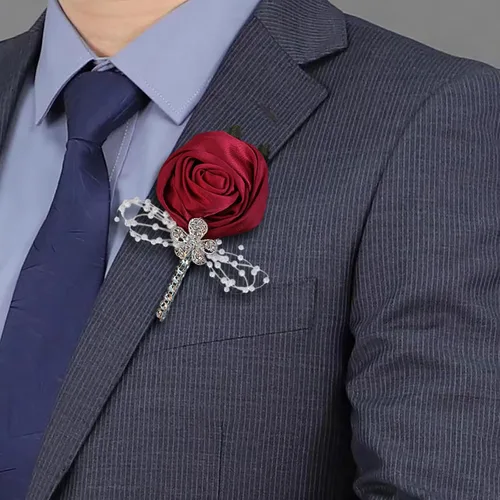 Miniatura 6 de Boutonniere de flores artificiales, paquete de 2 piezas para boda, tela de seda sintética, rosa Boutonniere para iglesia, boda, equipo, novio, Rosa