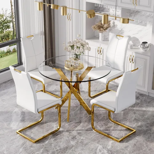 Miniatura 38 de Juego de mesa de comedor redonda moderna de vidrio de 36 pulgadas para 2, mesa de comedor de vidrio con patas cruzadas de metal, mesa de cocina