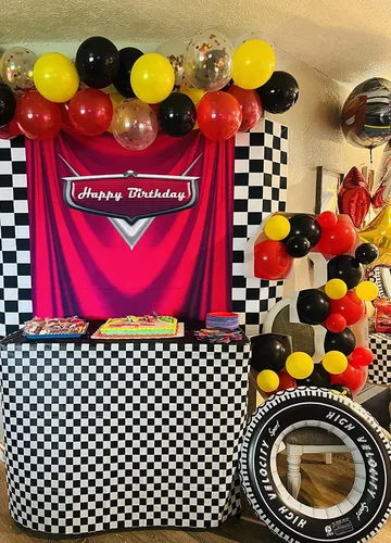 Miniatura 2 de Fondos de 7 x 5 pies para automóvil con cuadrícula negra y blanca roja con temática de cumpleaños, bandera de carreras roja, fondos de fotos rojos