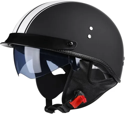 Miniatura 9 de Casco retro de motocicleta para adultos, hombres y mujeres, aprobado por DOT, estilo alemán, cascos de media cara con gafas desplegables, visera