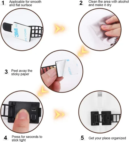 Miniatura 5 de Clips adhesivos para organizar cables, 50 piezas ajustables de nailon para correas de cables, clips de alambre organizador con cinta adhesiva Negro