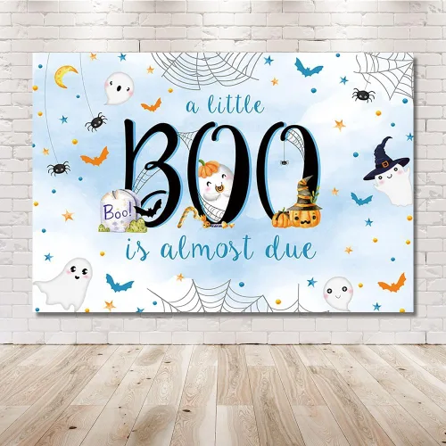 Miniatura 6 de MEHOFOND Telón de fondo de Halloween de 7 x 5 pies para baby shower con texto en inglés "A Little Boo is Almost Due Blue Water" para niño