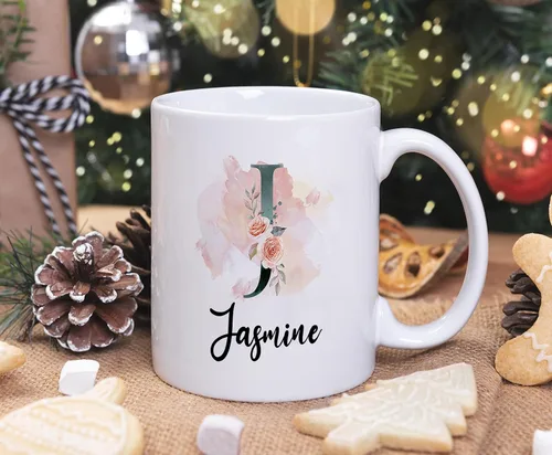 Miniatura 5 de PREZZY Taza personalizada con letra J con inicial, monograma personalizado, taza de café floral, regalos para mujeres, hombres, familiares, amigos
