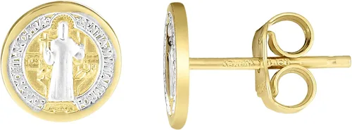 Miniatura 2 de Ritastephens Aretes de oro bicolor amarillo y blanco de 14 quilates con mini medalla redonda San Benito San Benito, Oro amarillo y oro blanco