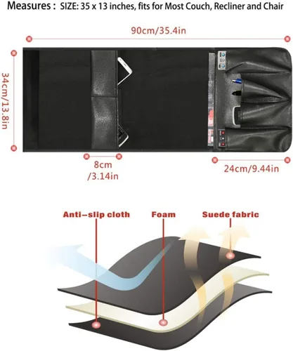 Miniatura 5 de Organizador de reposabrazos de cuero antideslizante para sofá, soporte remoto, sillón reclinable con 6 bolsillos para revistas, libros, control