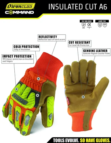 Miniatura 5 de Ironclad Guantes de cuero aislantes corte A6; Guantes de trabajo de invierno, protección contra impactos TPR, lavables a máquina, alta visibilidad