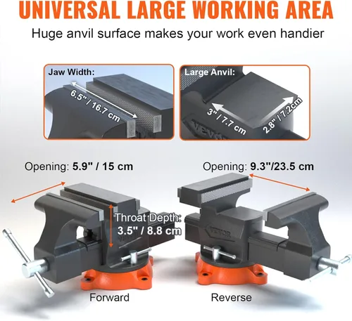 Miniatura 3 de VEVOR Tornillo de banco, ancho de mordaza de 6.5", apertura de 6.5" hacia adelante y 9.3" hacia atrás, base giratoria con bloqueo de 360 grados