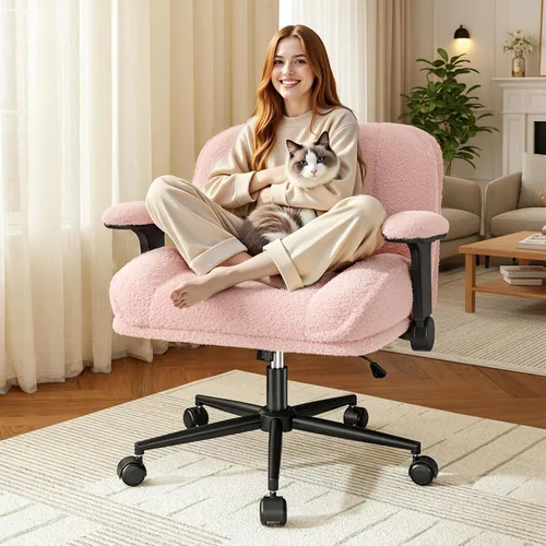 Miniatura 9 de DurayLoly Silla de Oficina con Piernas Cruzadas con Brazos Abatibles, Silla de Piernas Cruzadas Ancha con Ruedas y Asiento Extra Profundo Engrosado