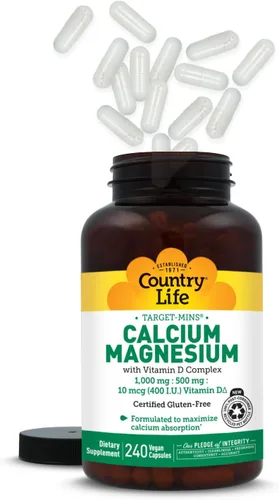 Miniatura 8 de Country Life Target-Mins - Calcio y magnesio con complejo de vitamina D, 1000 mg/500 mg/10 mcg, 240 cápsulas veganas, certificado sin gluten