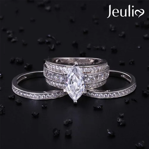 Miniatura 7 de Jeulia Juego de anillos de boda de 2 quilates de 3 piezas para mujer, anillos de compromiso de circonita cúbica de corte marquesa de plata de ley