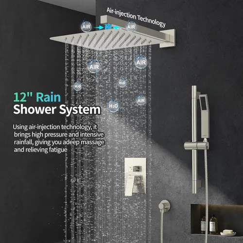 Miniatura 2 de SR SUN RISE Sistema de Ducha Cuadrado de 12 Pulgadas, Cabezal de Ducha de Lluvia y Grifo de Ducha de Mano con Barra Deslizante Montado en la Pared