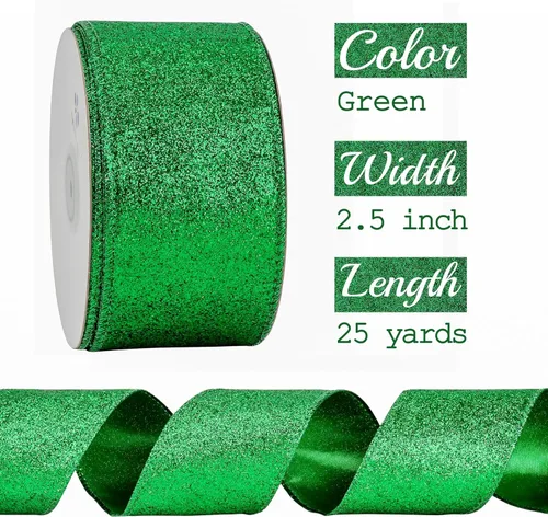 Miniatura 2 de MEEDEE Cinta Verde con Purpurina Cinta Verde con Alambre de 2.5 Pulgadas de Ancho Cinta Metálica de 25 Yardas Cinta Verde de Navidad Cinta Verde