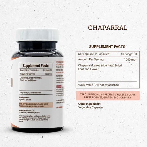Miniatura 3 de Secrets of the Tribe Chaparral 60 Cápsulas, 1000 mg, Chaparral (Larrea tridentata) Hoja seca y Flor (60 Cápsulas)