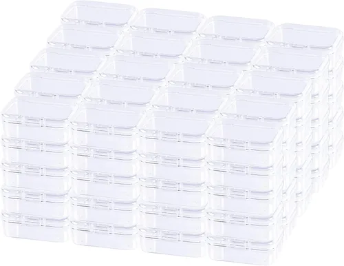 100 unidades de cajas de almacenamiento rectangulares mini de plástico transparente con tapa con bisagras para cuentas y otros artículos pequeños de
