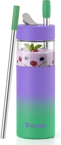 Miniatura 13 de Tronco Vaso de vidrio de 24 onzas con tapa y popote, taza de café helado, taza de batido con tapa de silicona para té Boba, hogar, oficina, viajes